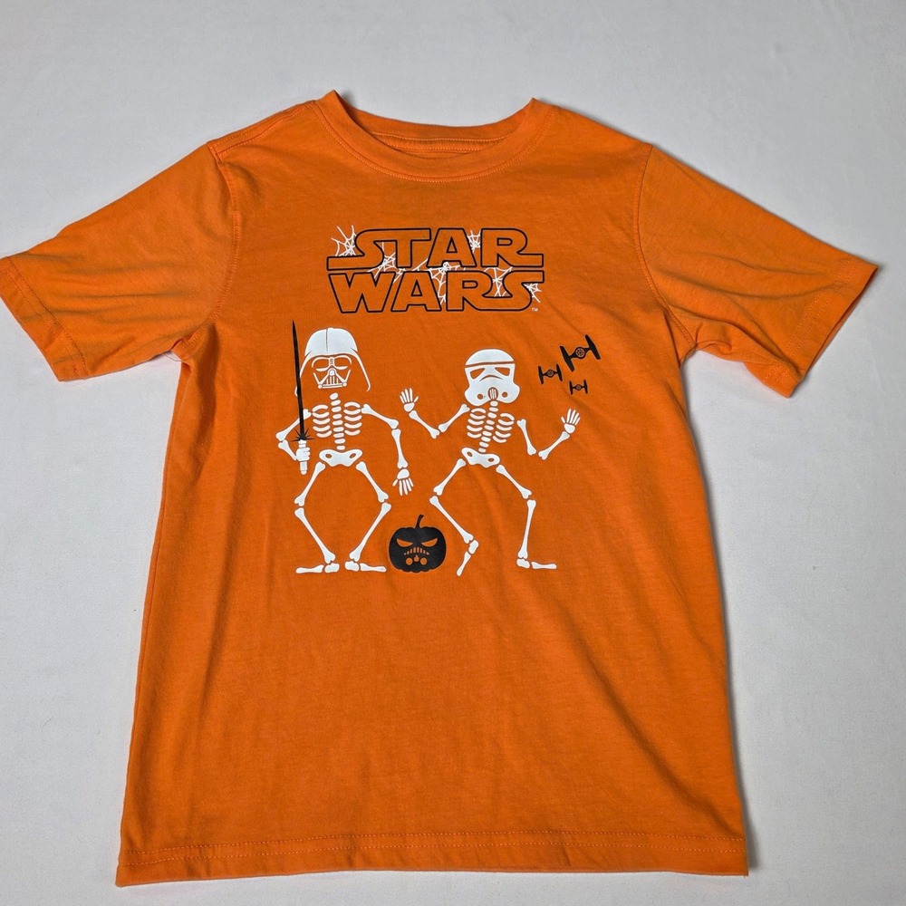 Star Wars Graphic T-Shirt Boys Size M Orange Halloween Skeleton Darth Vader